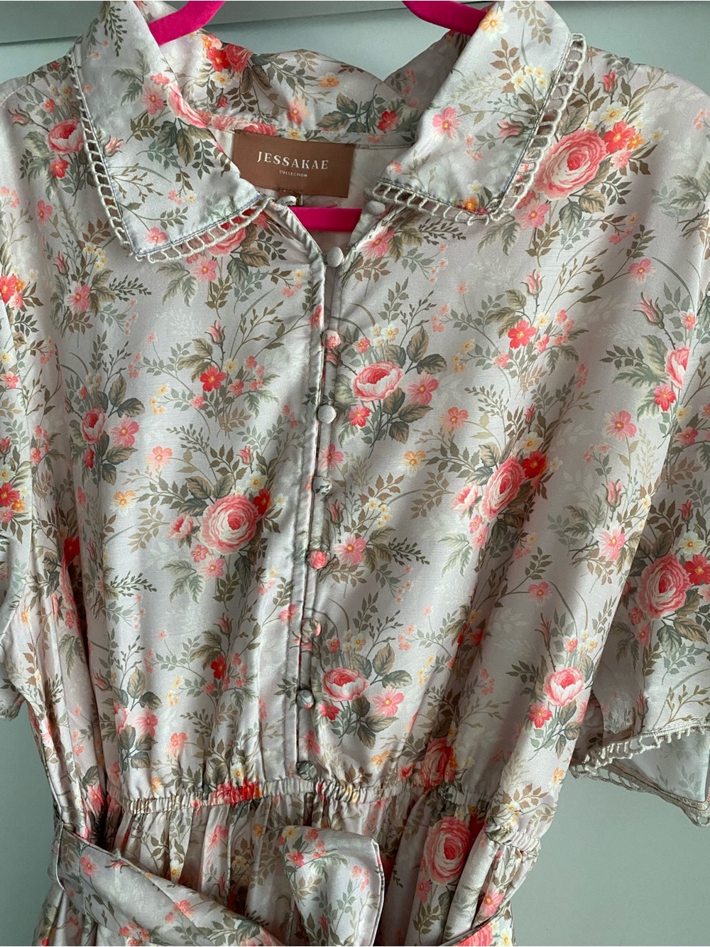 JessaKae Light Gray Floral Tie-Waist Button-Front Blouse with Pink Roses